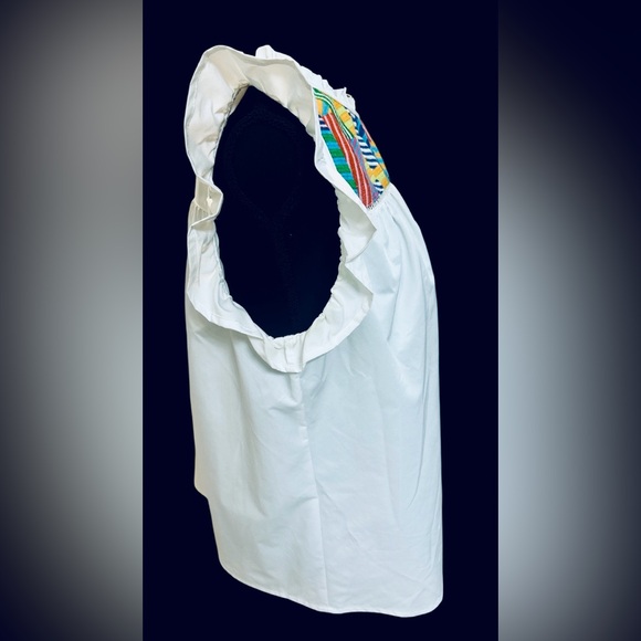 THML by Anthropology White Ruffled Sleeve Top with Colorful Embroidered Detail - Picture 3 of 9